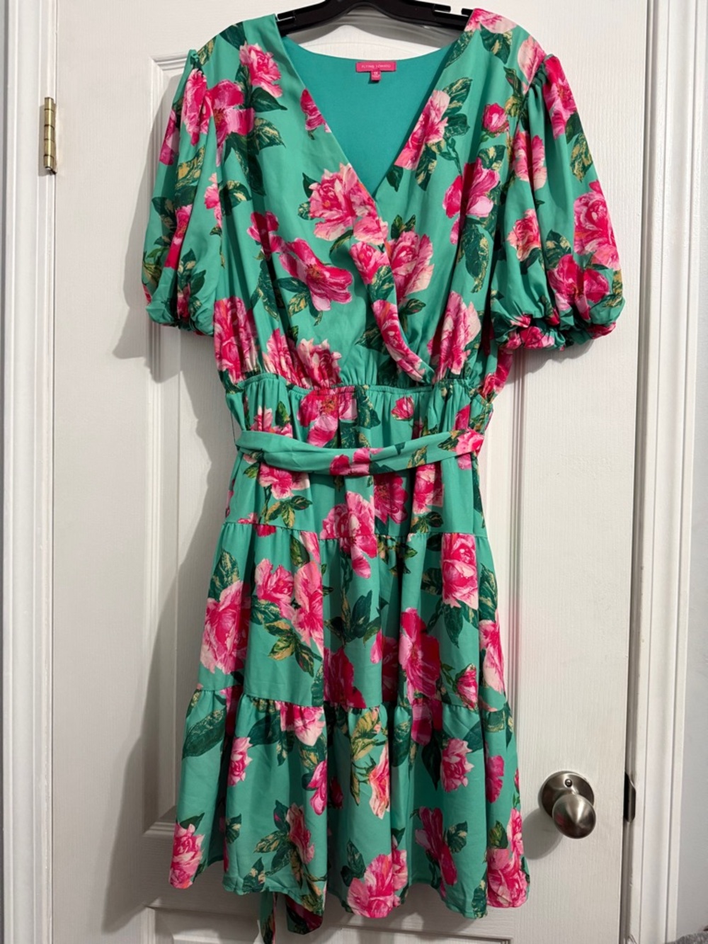FLYING TOMATO FLORAL WRAP DRESS IN TEAL WITH PINK ROSES SIZE 1X